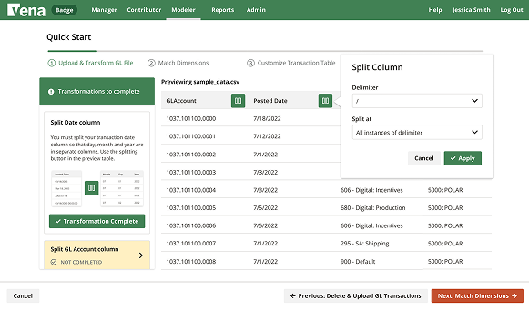 Transformations to complete sidebar beside the data table, with a Split Column popover for delimiter and split location settings