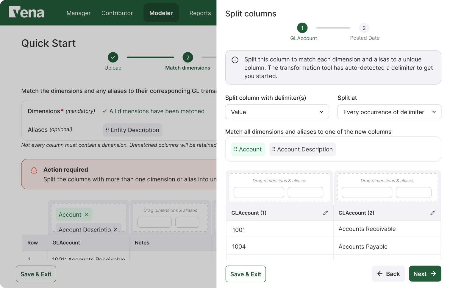 Split columns slide-out drawer with an auto-detected delimiter, split-at selection, and Account and Account Description chips above new GLAccount column drop zones