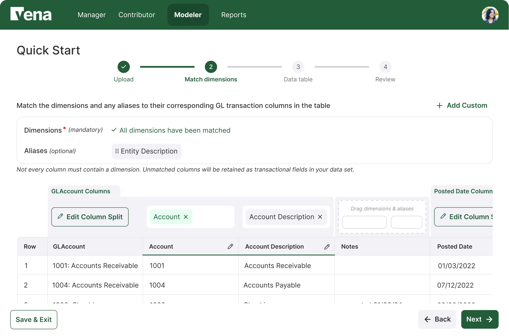 Updated data table grouping GLAccount Columns with green-underlined Account and Account Description columns and an Edit Column Split button