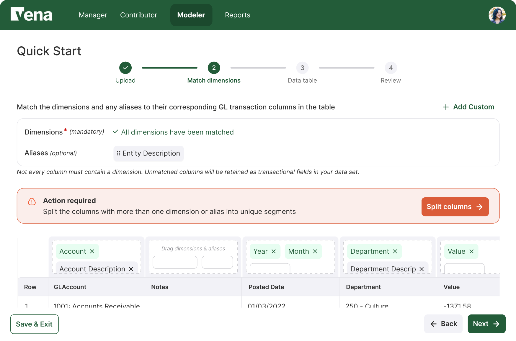 Match dimensions screen showing an Action required banner: Split the columns with more than one dimension or alias into unique segments, with a Split columns button