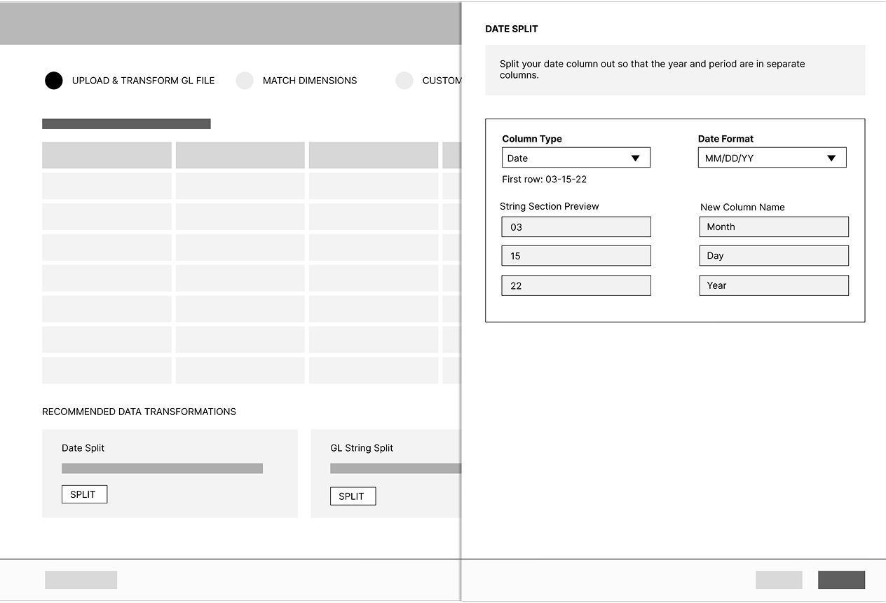 Early Date Split drawer wireframe with date format selection and previews for new Month, Day, and Year columns