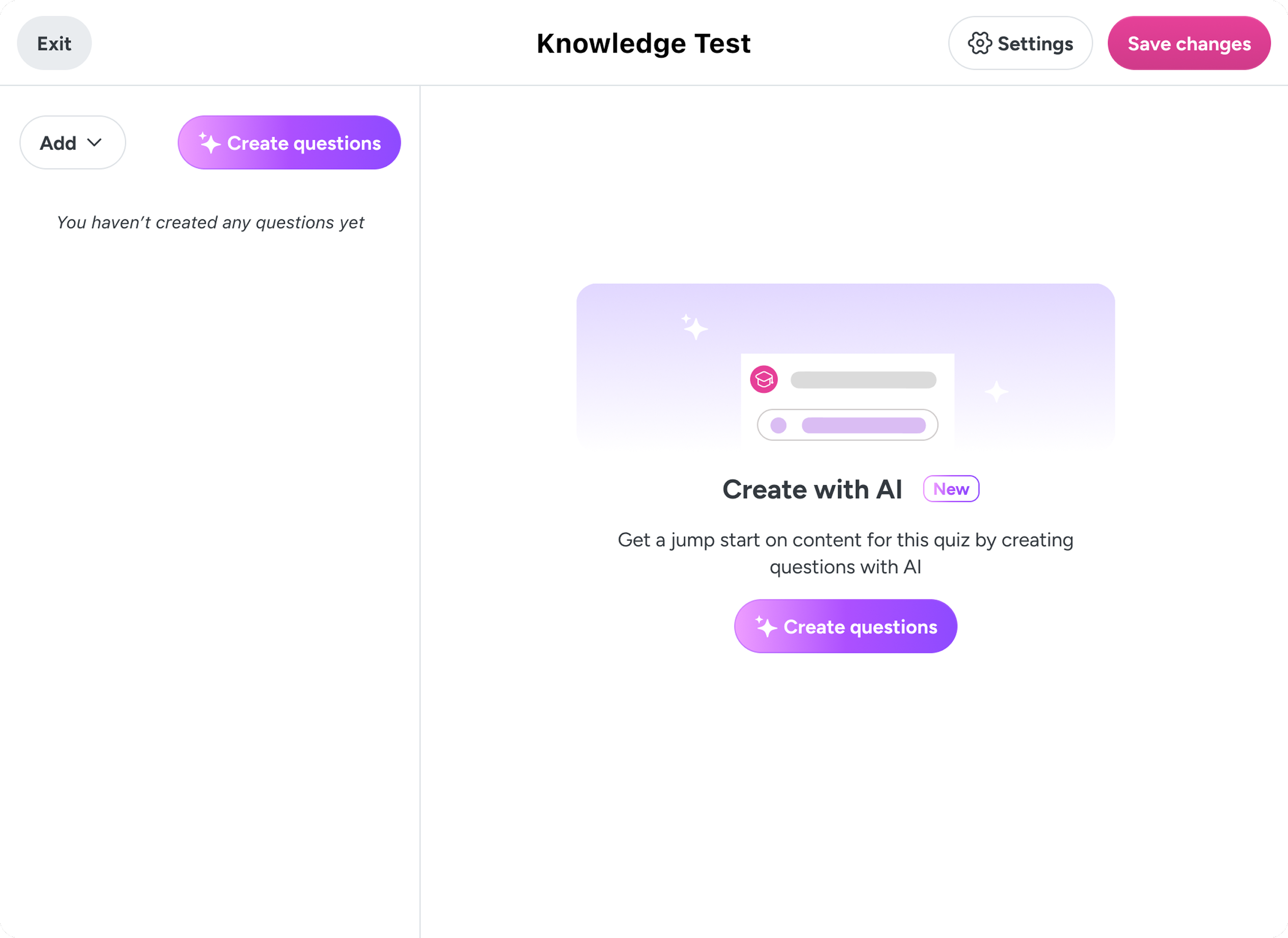 The quiz editor in its empty state — no questions created yet — with an inline “Create with AI” panel and a “Create questions” button, so publishers can generate questions from right where they work