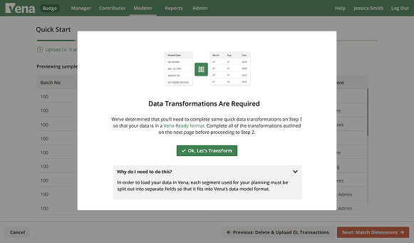 Data Transformations Are Required modal with a date splitting example and an Ok, Let’s Transform button