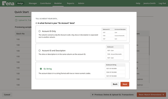 Questionnaire prototype asking users to identify GL Account data as Account ID Only, Account ID and Description, or GL String
