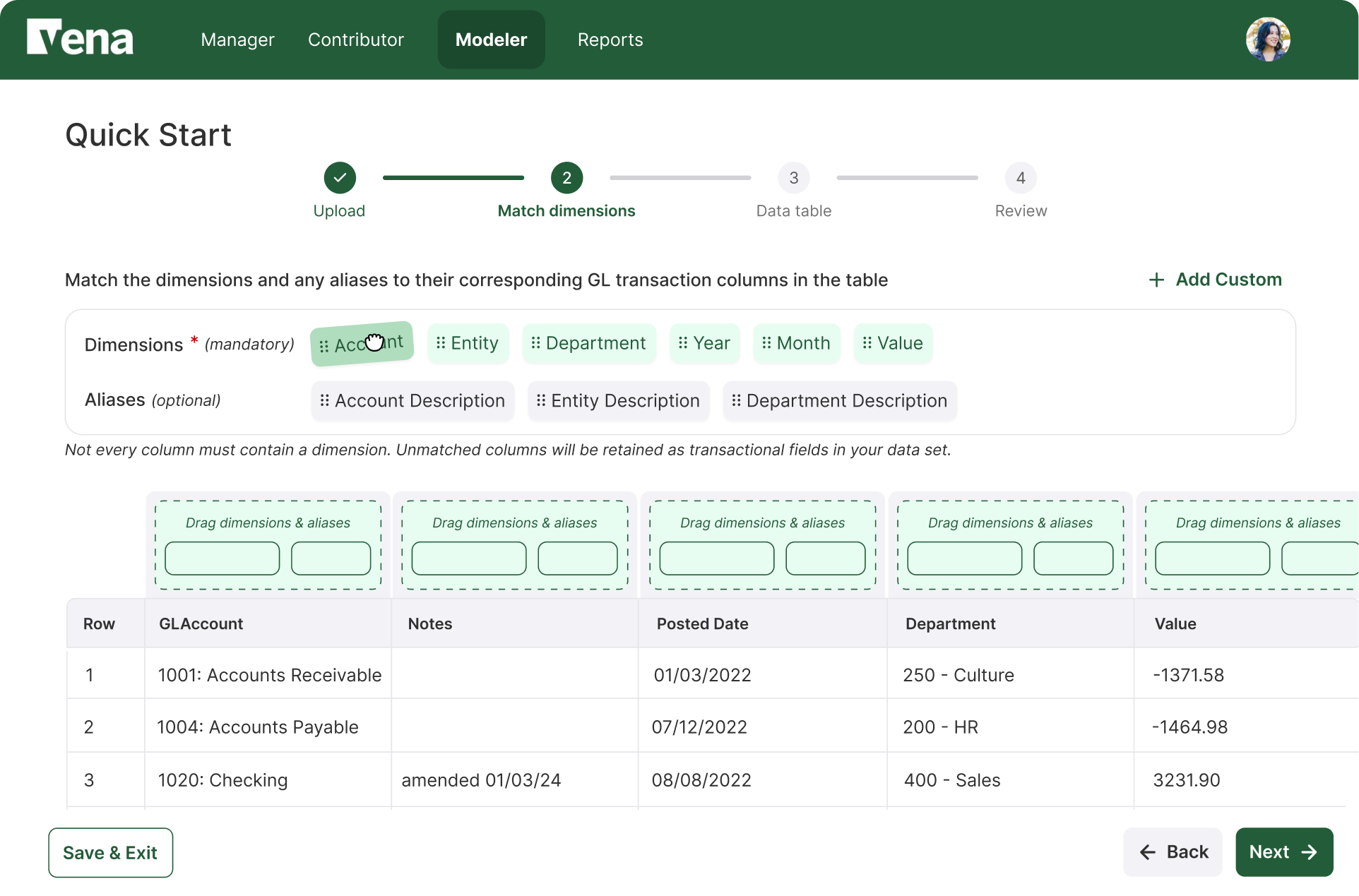 QuickStart Match dimensions screen with the Account chip being dragged toward table drop zones for dimensions and aliases