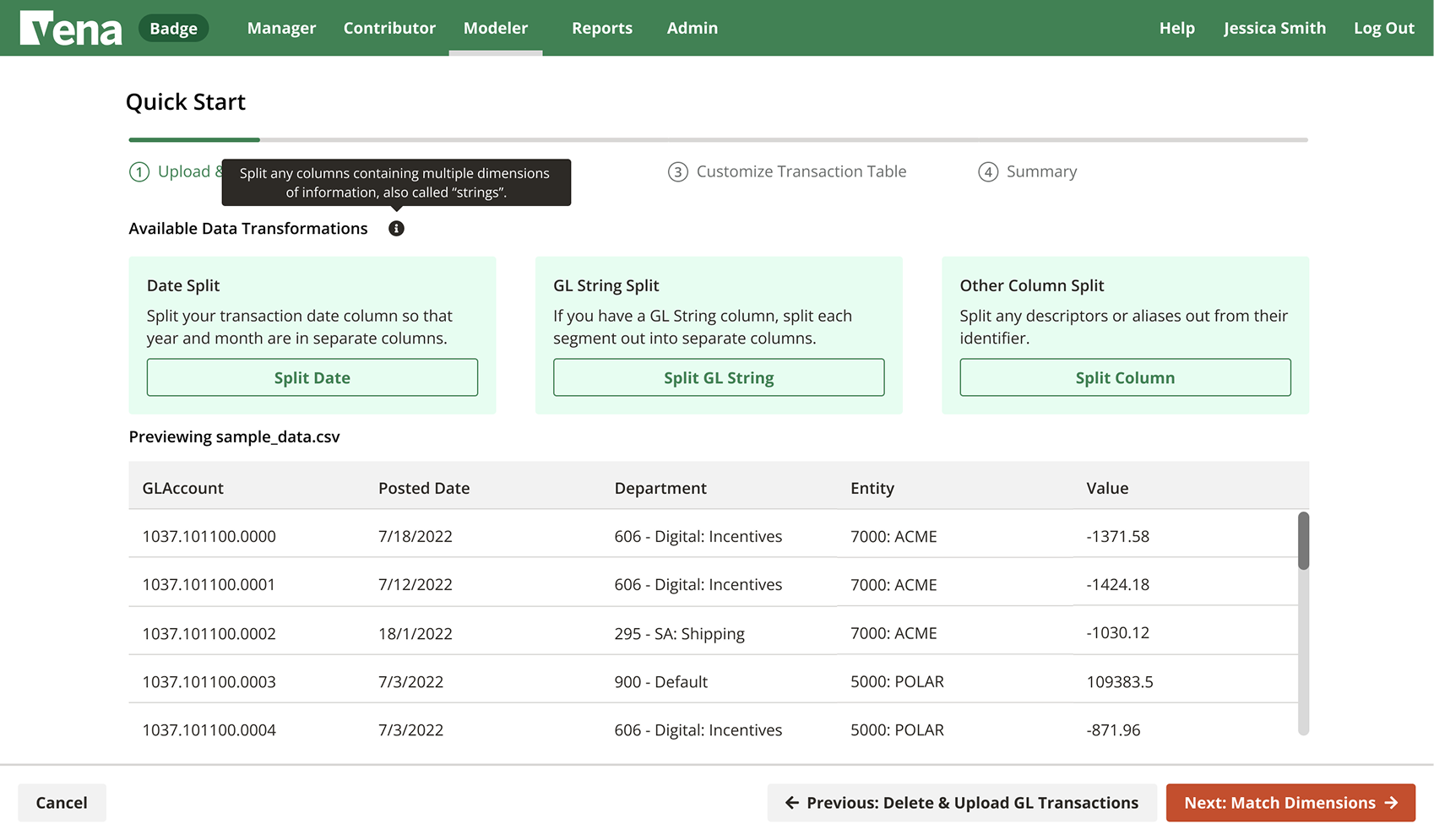High fidelity prototype of Available Data Transformations, offering Date Split, GL String Split, and Other Column Split
