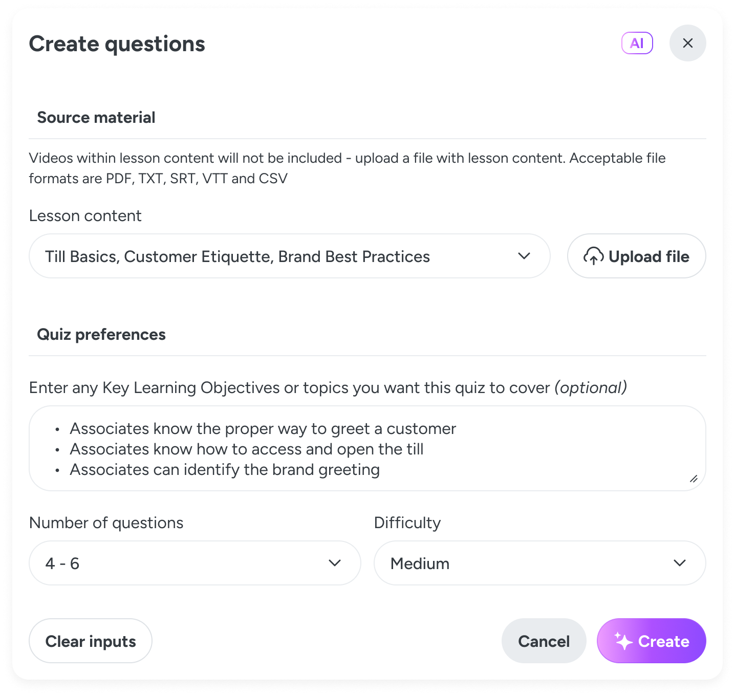 The “Create questions” modal floating above the editor: source material lessons, optional Key Learning Objectives, number of questions and difficulty — ready to be tweaked and run again