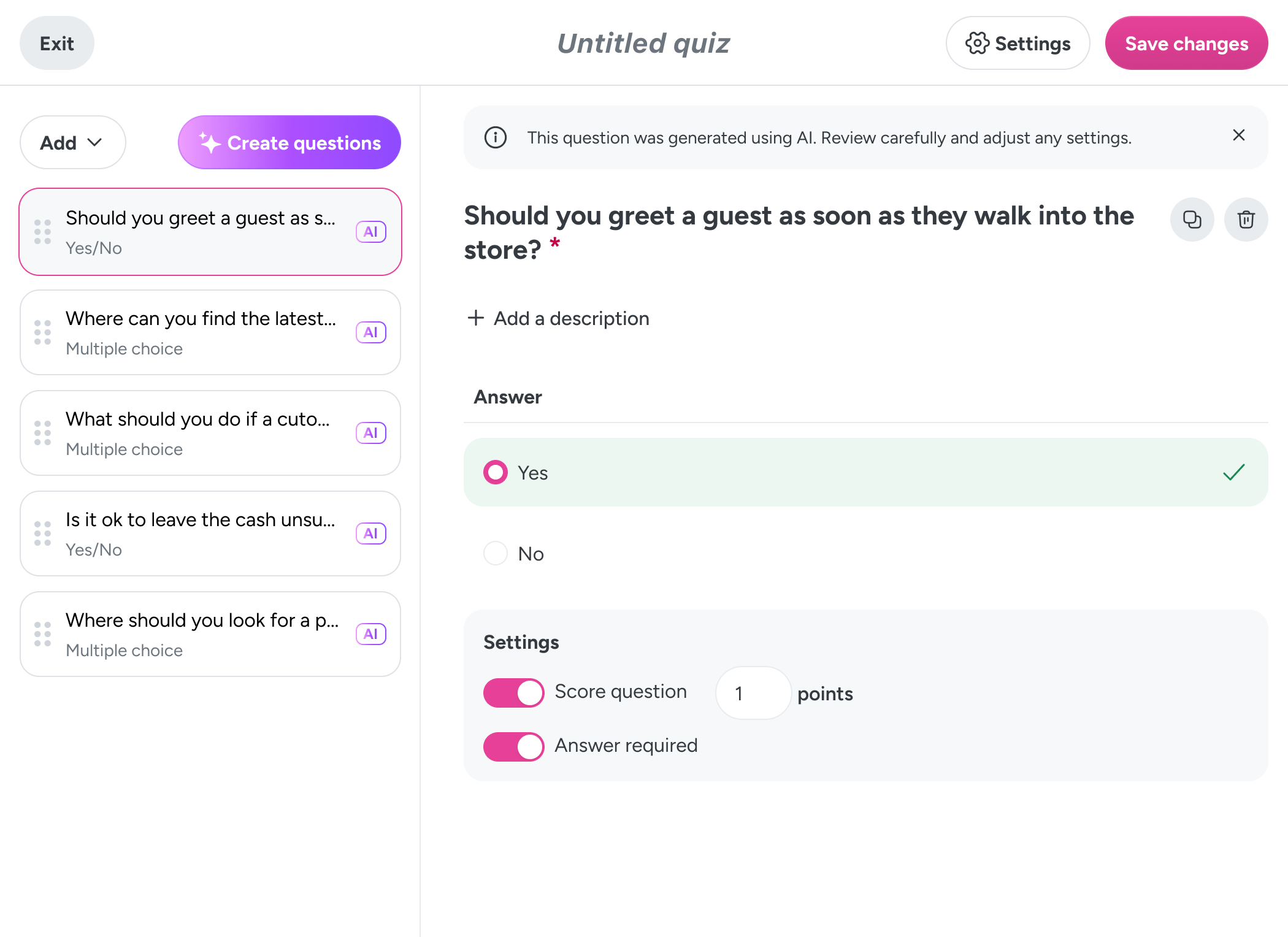 The final quiz editor: five AI-generated questions listed in the sidebar with gradient AI badges, and the question editor open on the first question with the AI review banner above it